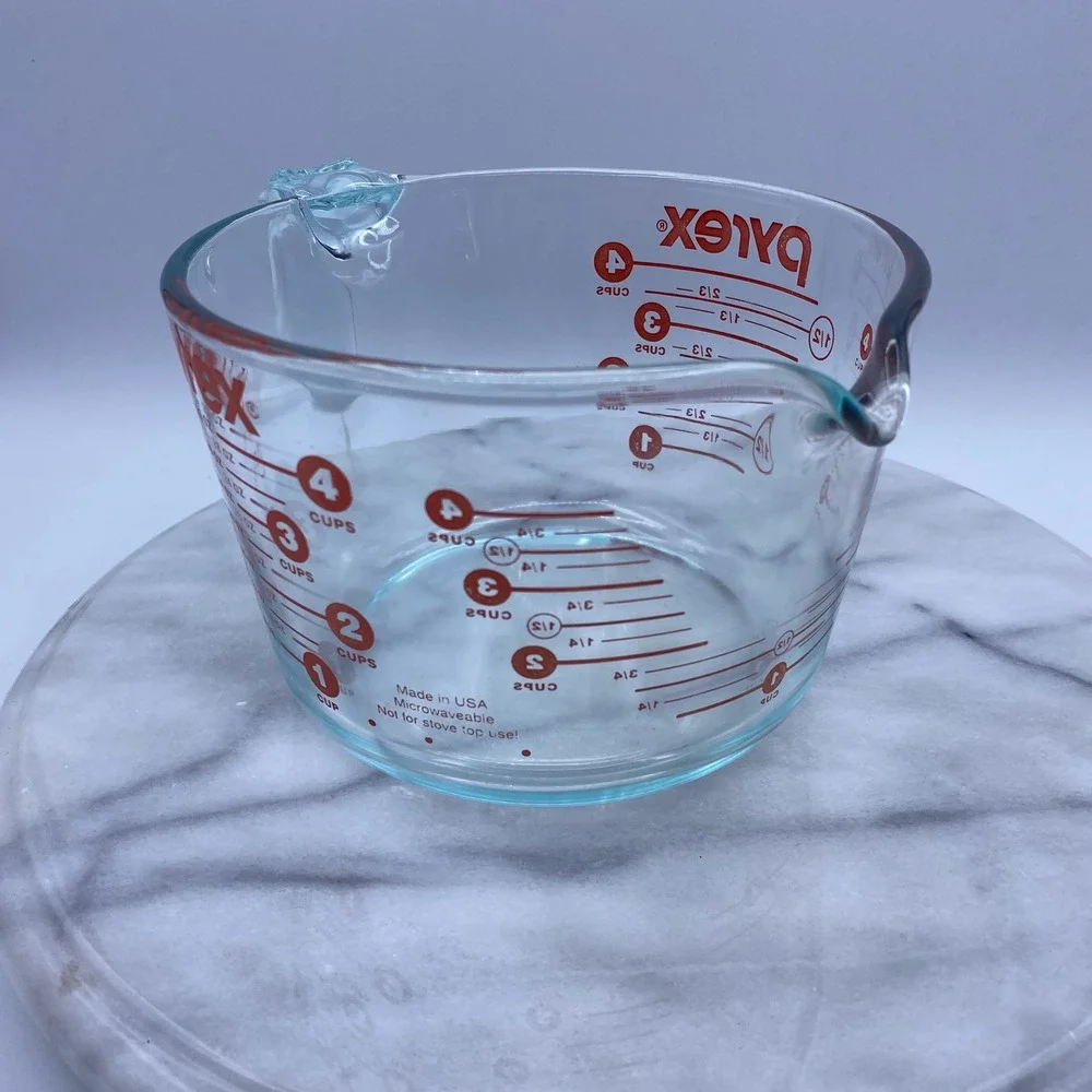 Pyrex 4 Cup Glass Measuring Cup Clear Red Markings 32oz Handle Spout USA Vintage